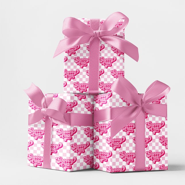 Papel De Presente Rosa e Branco Xadrez Groovy One (Groovy One - 1st Birthday Wrapping Paper in retro pink style)