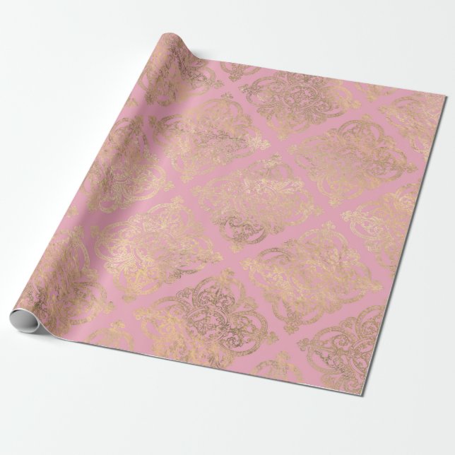 Papel De Presente Rosa e Dourada Paris Foil Damask (Desenrolado)