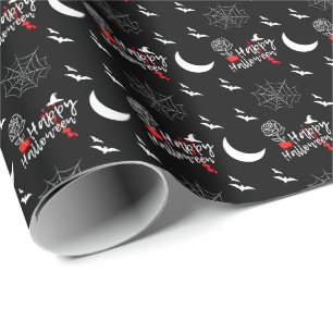 Papel De Presente Rosa e morcegos do Halloween Feliz Elegante