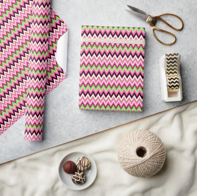 Papel De Presente Rosa e Verde Chevron Zig Zag Preppy (Artesanato)