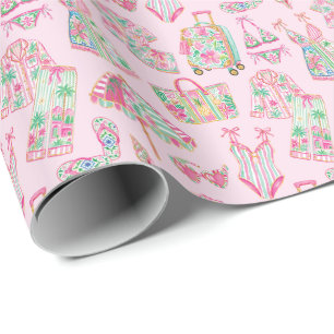 Papel De Presente Rosa e Verde Préppy Elegância de Palm Beach