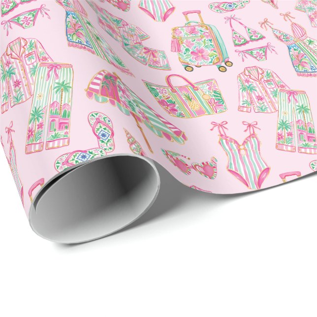 Papel De Presente Rosa e Verde Préppy Elegância de Palm Beach (Ponta do rolo)