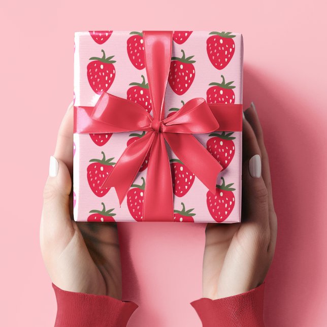 Papel De Presente Rosa e Vermelho com Padrão de Morango (Criador carregado)
