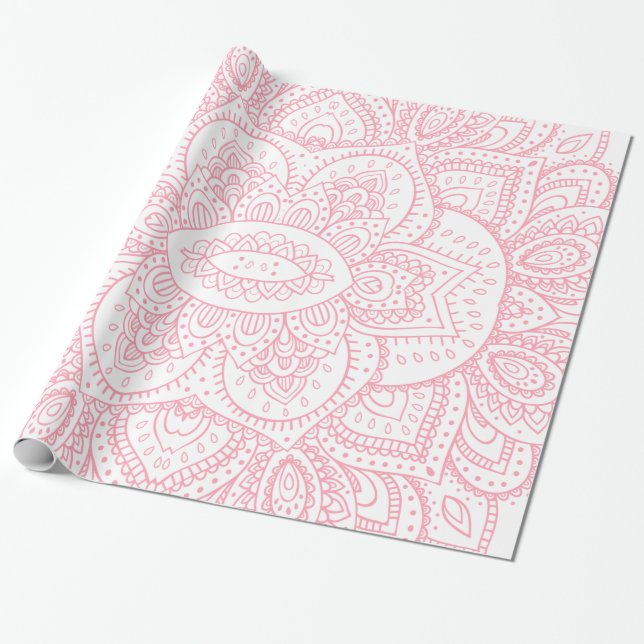 Papel De Presente Rosa Em Mandala Tribal Branca (Desenrolado)