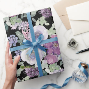 Papel De Presente Rosa Floral Branco Roxo Fundo Preto