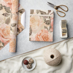 Papel De Presente Rosa Floral Pêssego Rosa Vintage