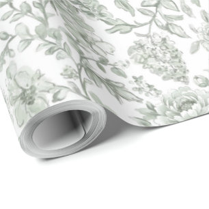 Papel De Presente Rosa Floral Verde Sage Elegante 