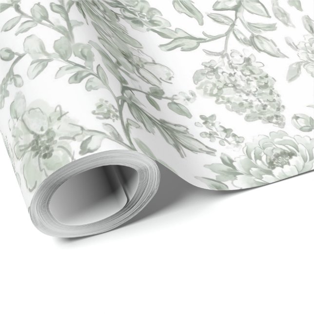 Papel De Presente Rosa Floral Verde Sage Elegante  (Ponta do rolo)