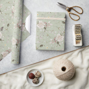 Papel De Presente Rosa Floral Verde Salvia Vintage