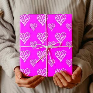 Papel De Presente Rosa Fúcsia Chic Corações Brancos Listrados Ondula