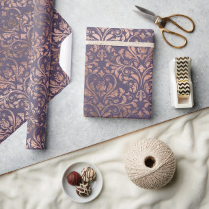 Papel De Presente Rosa Glamouroso Dourado em Folha e Damasco Lavanda
