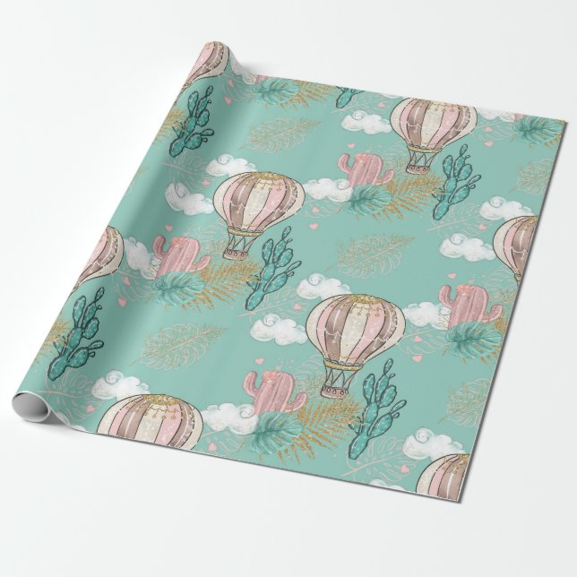 Papel De Presente Rosa, Hortelã e Deserto Tropical Dourado com Brilh (Desenrolado)