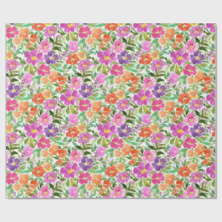 Papel De Presente Rosa Laranja Roxo Jardim Floral Aquarela Vibrante