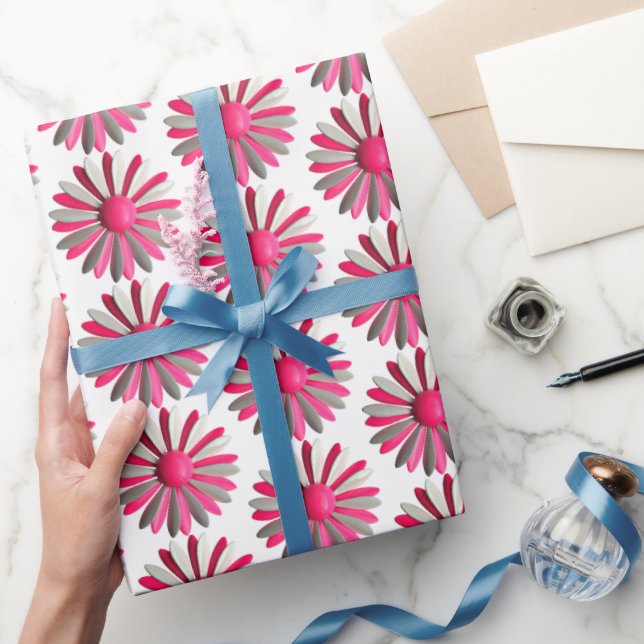 Papel De Presente Rosa MOD Flor de Margarida Primavera Verão Jardim  (Presentear)