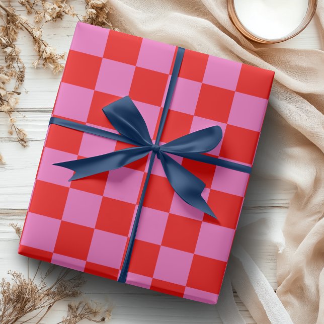 Papel De Presente Rosa Neon e Xadrez Vermelho Tabuleiro de Xadrez Vi (Criador carregado)