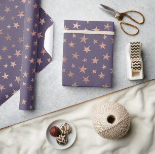 Papel De Presente Rosa Ouro Glamouroso com Estrelas Lavanda