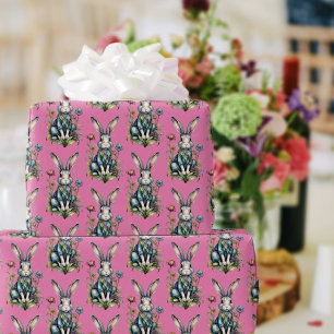Papel De Presente Rosa Pastel Coelhinho Floral de Aquarela Páscoa