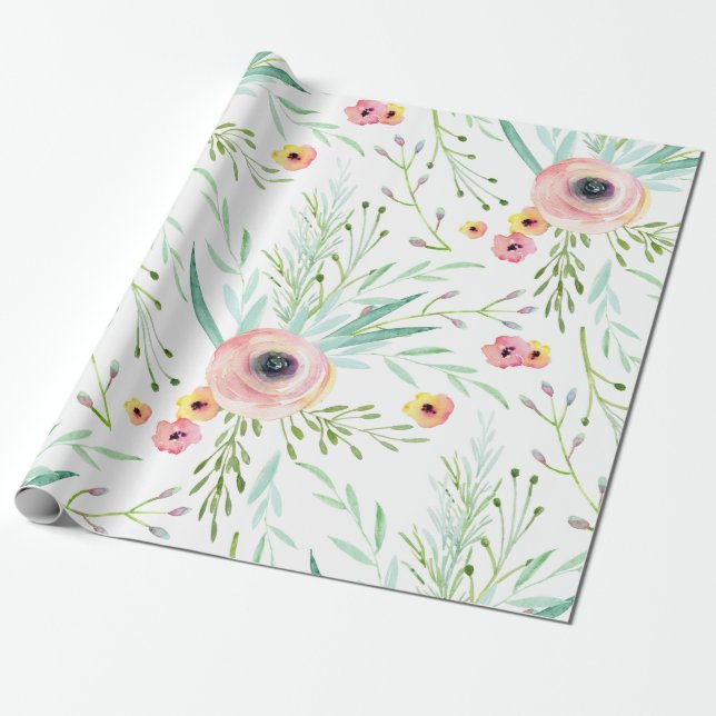 Papel De Presente Rosa Pastel e Floral Primavera Coral (Desenrolado)