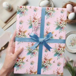 Papel De Presente Rosa Pastel Floral Cruz Páscoa Aquarela