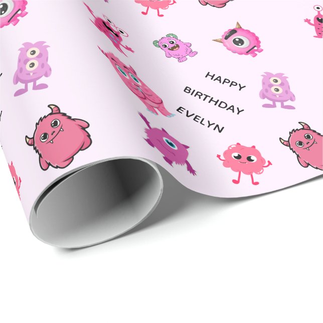Papel De Presente Rosa Personalizado Menina Monstro Fofo (Ponta do rolo)