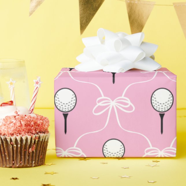 Papel De Presente Rosa Préppy Laço Branco Padrão de Golfe (Festa de aniversário)