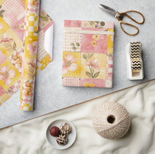 Papel De Presente Rosa Quente Amarelo Colcha Xadrez Cottagecore Flor
