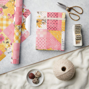 Papel De Presente Rosa Quente Amarelo Colcha Xadrez Cottagecore Flor