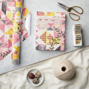 Papel De Presente Rosa Quente Amarelo Xadrez Cottagecore Floral Quil