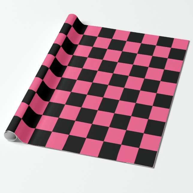 Papel De Presente Rosa quente e preto Checkered (Desenrolado)
