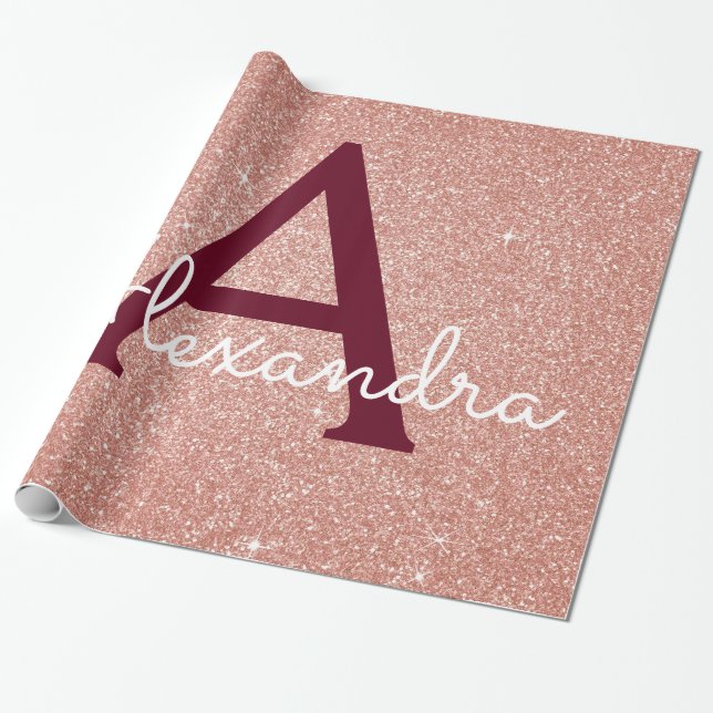 Papel De Presente Rosa Rosa Rosa Rosa Dourada Burgundy Glitter Monog (Desenrolado)