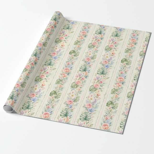 Papel De Presente Rosa Tropical Floral Listra Aquarela Presente (Desenrolado)