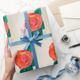 Papel De Presente Rosa Vermelha com Folhas Verdes