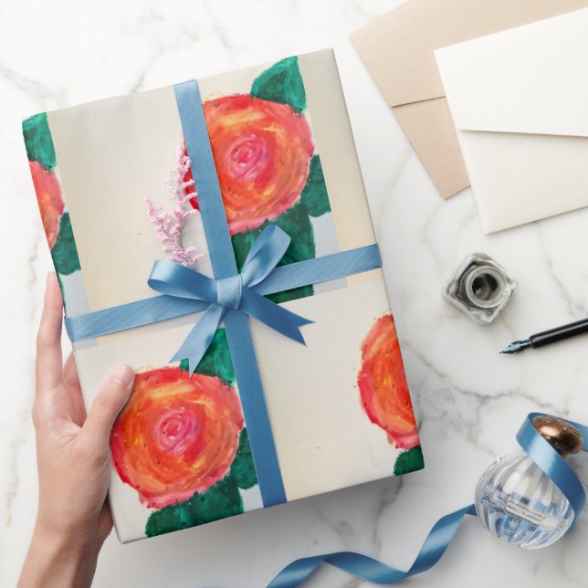 Papel De Presente Rosa Vermelha com Folhas Verdes (Presentear)