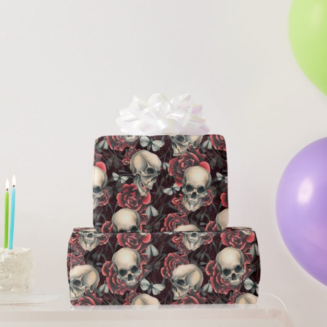 Papel De Presente Rosa vermelha & Skulls Spooky Halloween Patterno (Presentes para festas)