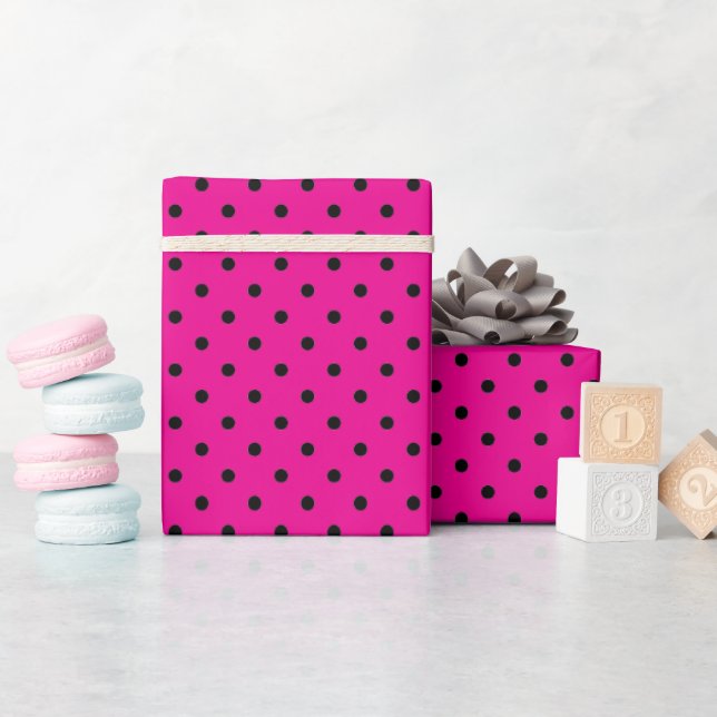 Papel De Presente Rosa Vibrante e Pontos Pretos (Chá de bebê)