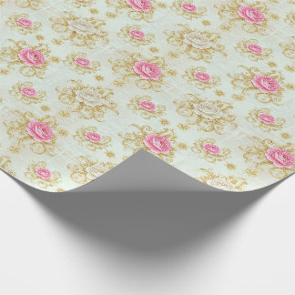 Papel De Presente Rosa Vintage Romântica e Damasco Dourado