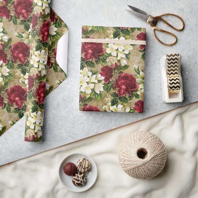 Papel De Presente Rosáceas Vermelhas no Jardim (Artesanato)