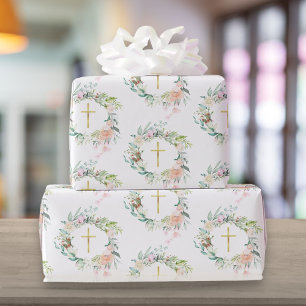 Papel De Presente Rosário Floral Cruz Cristã Dourada 