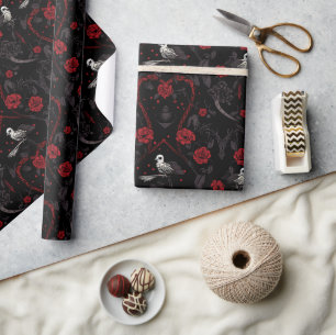 Papel De Presente Rosário Gótico de Rosas Vermelhas Coração Vermelho