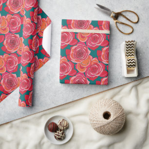 Papel De Presente Rosas Abstratas Em Tons De Rosa Vermelho E Laranja