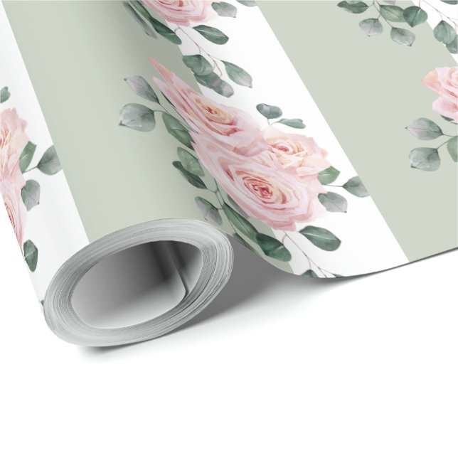 Papel De Presente Rosas aguamarina claras e listras brancas em aquar (Ponta do rolo)