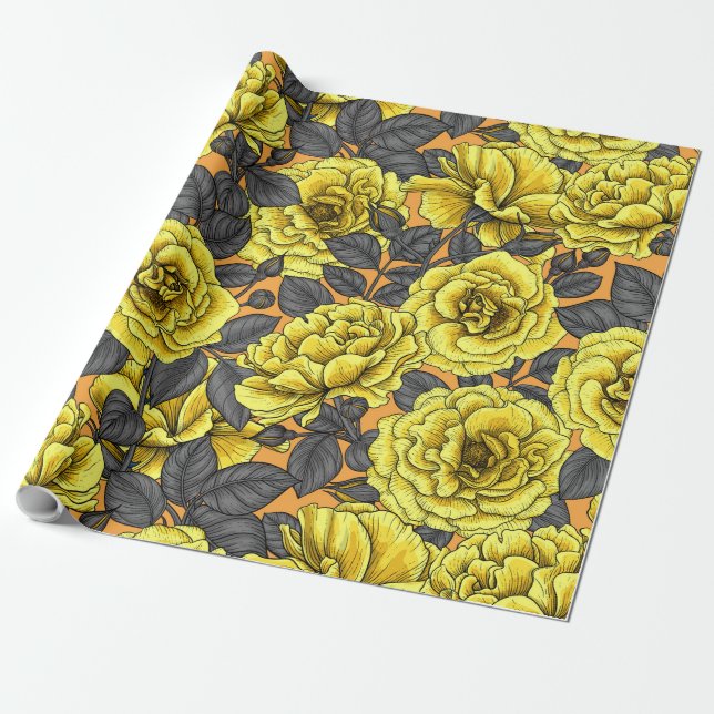 Papel De Presente Rosas amarelas com folhas de cinza em laranja (Desenrolado)