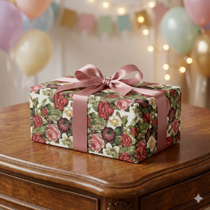 Papel De Presente Rosas Antigas em Decoupage Branco ou Presente