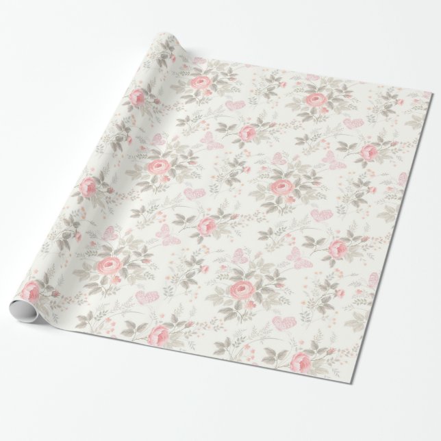 Papel De Presente Rosas Antigas Rosa Desbotadas Bege Marrom Claro (Desenrolado)