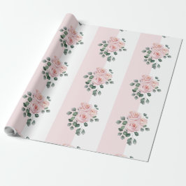 Papel De Presente Rosas Aquarela com Listras Rosa e Branco