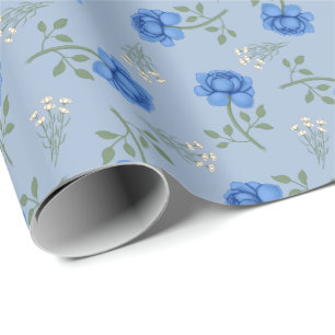Papel De Presente Rosas Azuis em Calico Superdimensionado Azul Claro