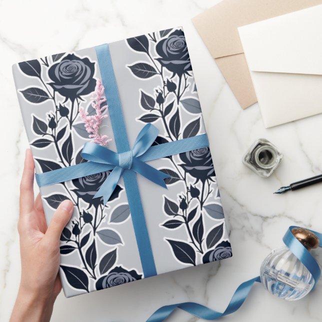 Papel De Presente Rosas Azuis Escuras Com Folhas Prateadas (Presentear)