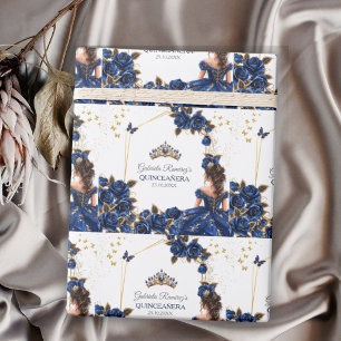 Papel De Presente Rosas Azul Marinho Tiara Dourada Quinceañera