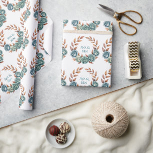 Papel De Presente Rosas Azul-verde e Folhas de Cobre Casamento