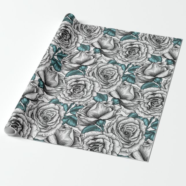 Papel De Presente Rosas brancas com folhas azuis (Desenrolado)